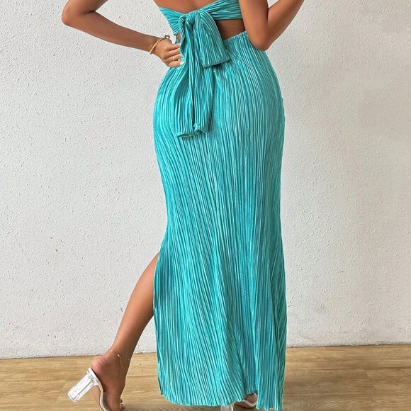 Cadet Blue Sexy Women's Elegant Pleated Off-Shoulder Twist Front Dress - Picture 2 of 6